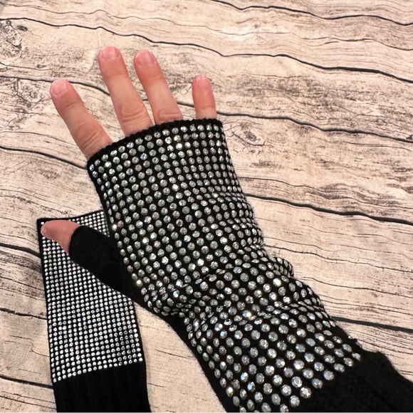 Michael Kors Black Knit Fingerless Gloves with Silver Rhinestones; One Size - Picture 1 of 9